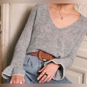 SEZANE fride mohair blend v neck sweater ruffle sleeves